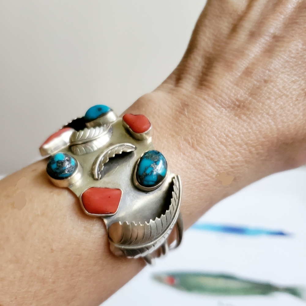 SOLD Vintage Signed Turquoise & Coral 925 Cuff